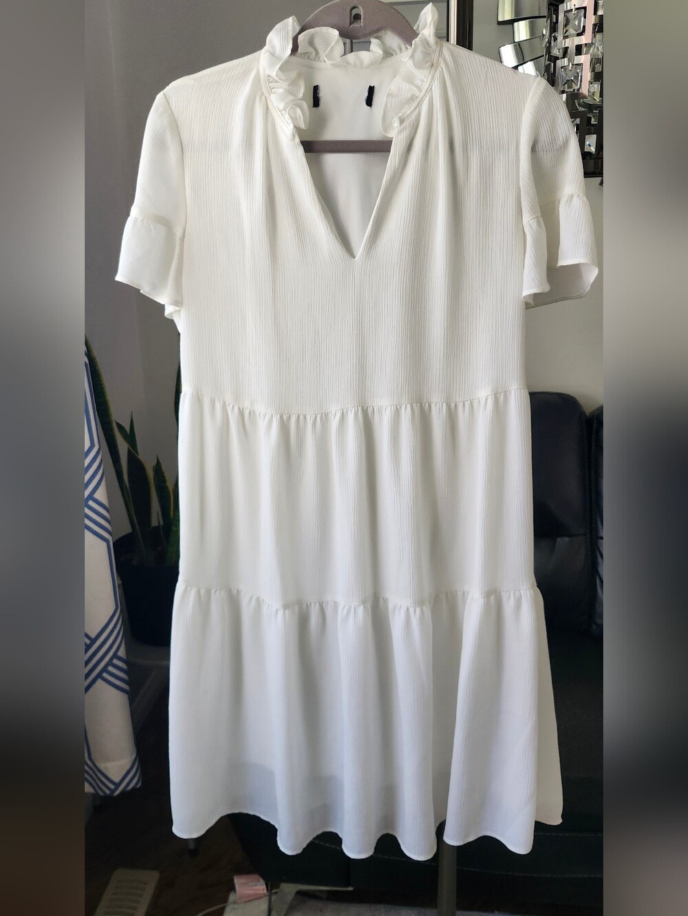 White Tiered V-Neck Short Sleeve Dress